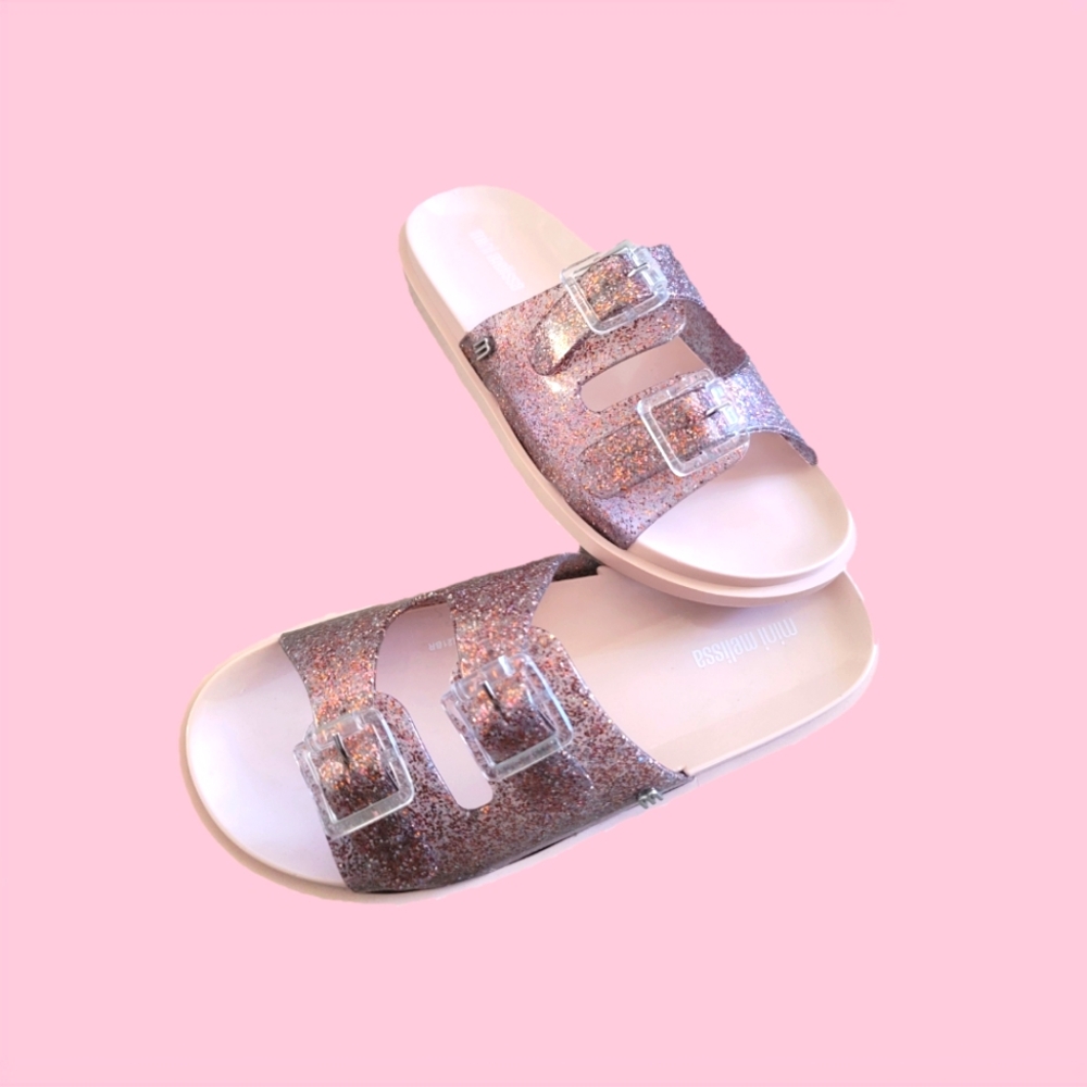 NEW Girls' Mini Melissa Pink Glitter Sparkle Wide Double Strap Slides 2.5-3Y